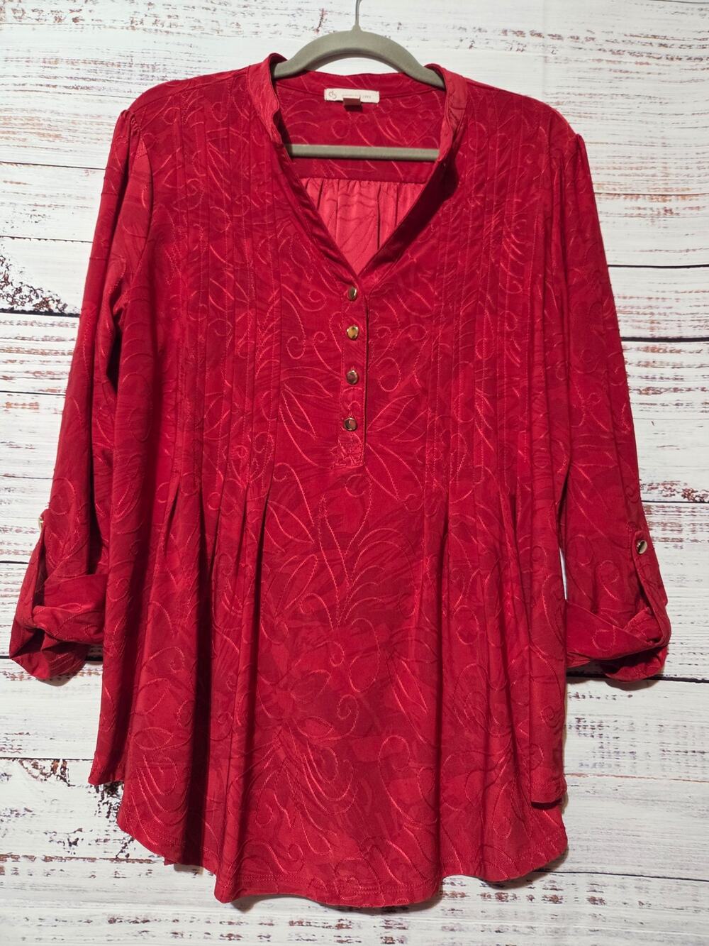 Established Shirt Ladies XL Red Embroidered 3/4 Sleeve V-Neck